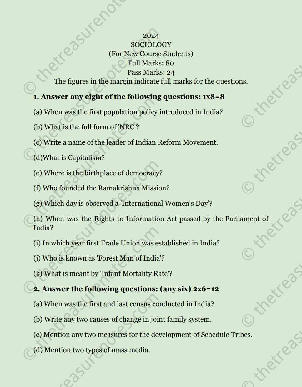 AHSEC Class 12 Sociology Question Paper 2024 , HS 2nd Year sociology question paper 2024